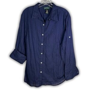 Lauren Ralph Lauren Womens Navy Blue Textured Tailored Button Down Shirt Size 2X